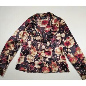 Jones New York Stretch Ruffle Front Floral Blouse Womens 10 Black Red Career Top